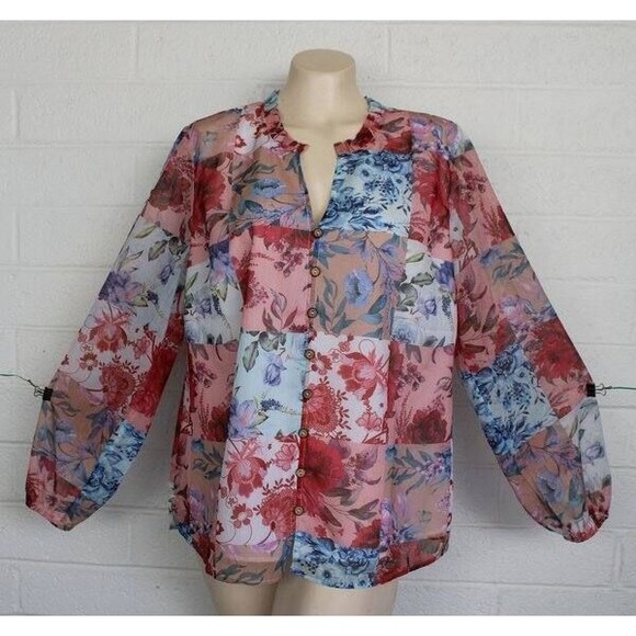 Soft Surroundings Large Pastel Pink Blue Floral Patchwork Print Top - Picture 1 of 6